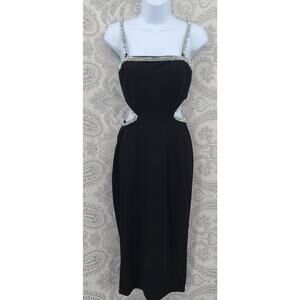 Dress the Population black cut out rhinestone trim midi formal dress SZ XS Glam